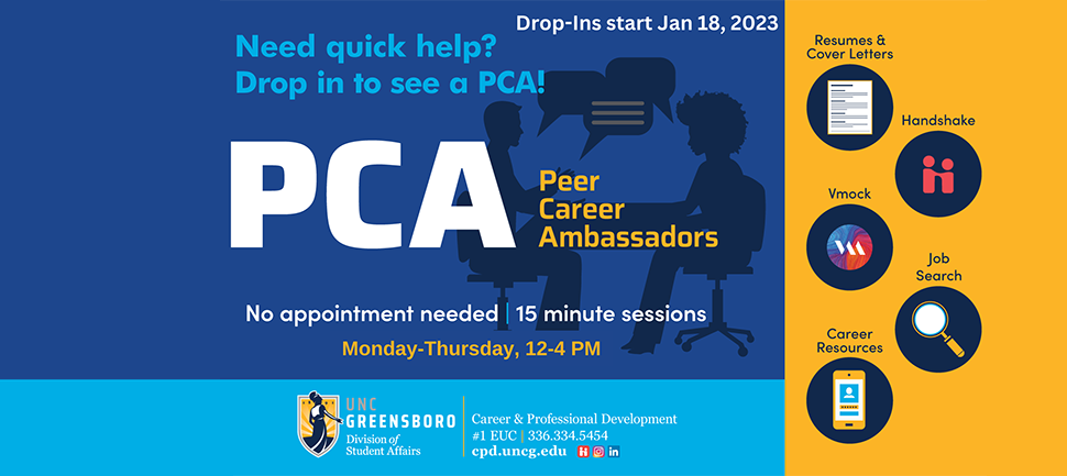 Drop-ins start Jan 18, 2023. Need quick help? Drop in to see a PCA. No appointment needed. 15 minute sessions.  Monday - Thursday 12-4 pm