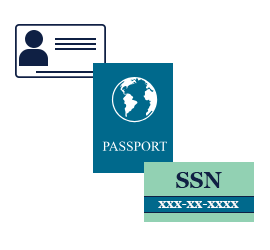 Icons of 3 of the various documents that are needed to complete an I9 (ID, Passport, Social Security Card)