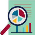 Icon of a report with a pie chart and magnifying glass
